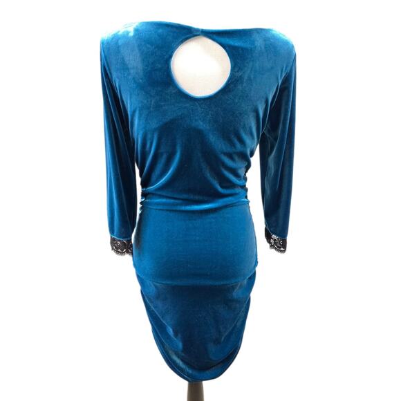 Vintage Frederick's Of Hollywood Bodycon Dress Peacock Blue Stretch Velvet Lace - Picture 5 of 11